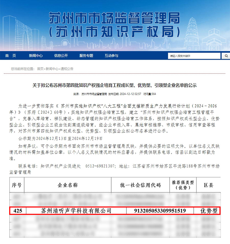 清聽聲學憑借卓越的知識產(chǎn)權管理與創(chuàng)新能力,成功入選“優(yōu)勢型企業(yè)”。